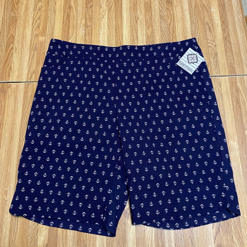 Kate Park Women’s Stretch Pull-On Shorts Navy Blue White Anchor Size 2X NWT